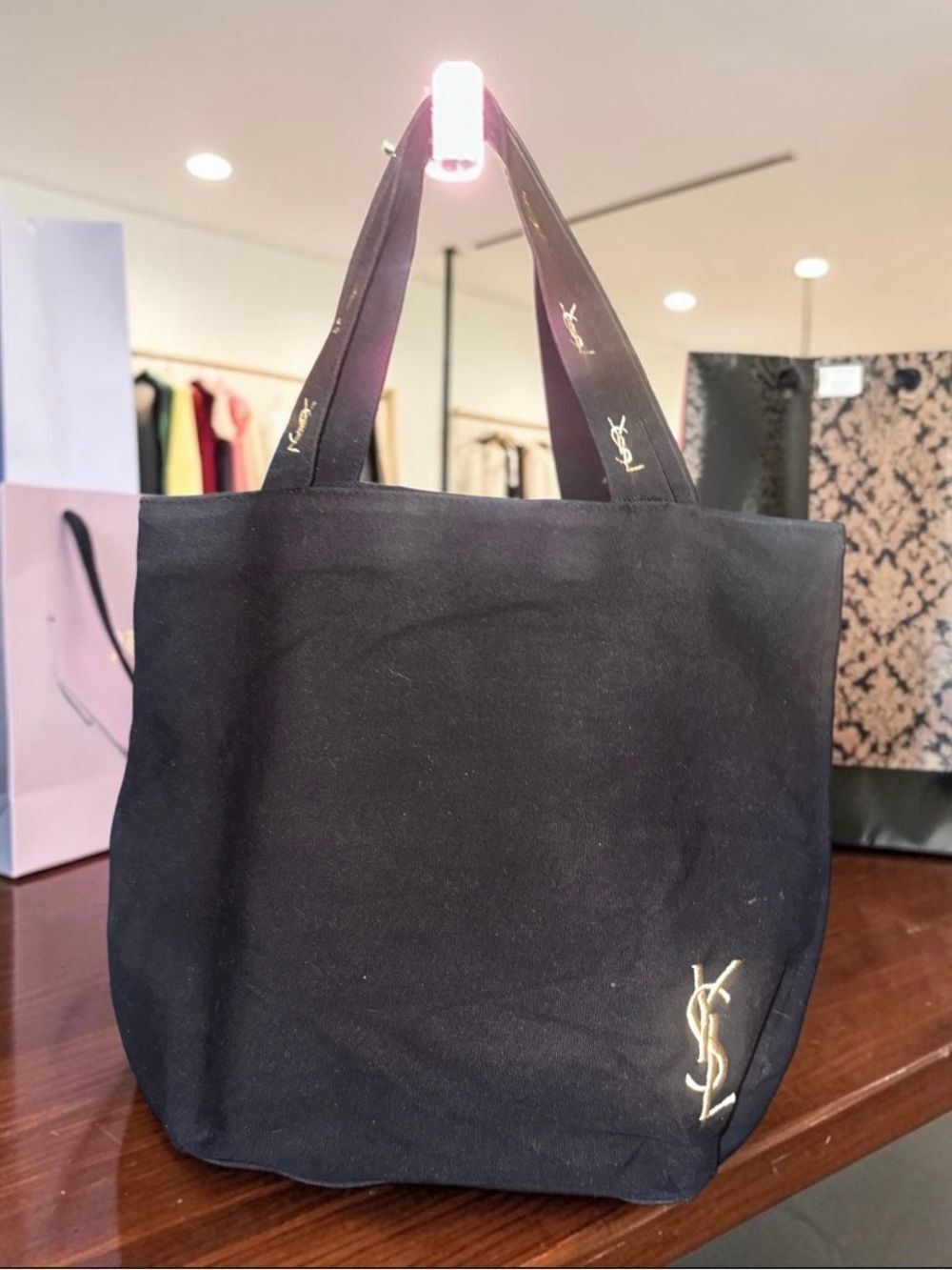 Yves Saint Laurent perfums Black Canvas Tote with Gold YSL Emblem